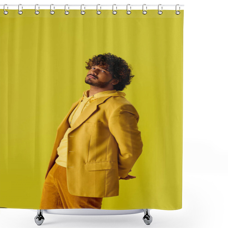 Personality  Handsome Young Indian Man In Vibrant Outfit Poses In Front Of A Bright Yellow Wall. Shower Curtains