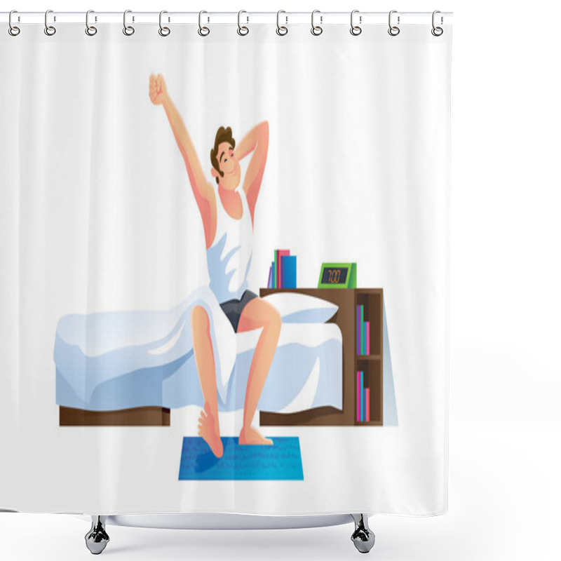 Personality  Young Man Character Wakes Up In Home, Going To Work. Shower Curtains