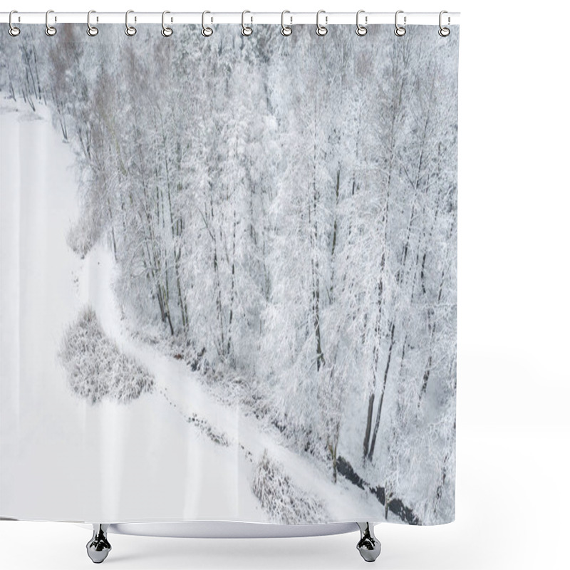 Personality  Aerial View Of Winter Beautiful Landscape With Trees Covered With Hoarfrost And Snow. Winter Scenery From Above. Landscape Photo Captured With Drone. Shower Curtains