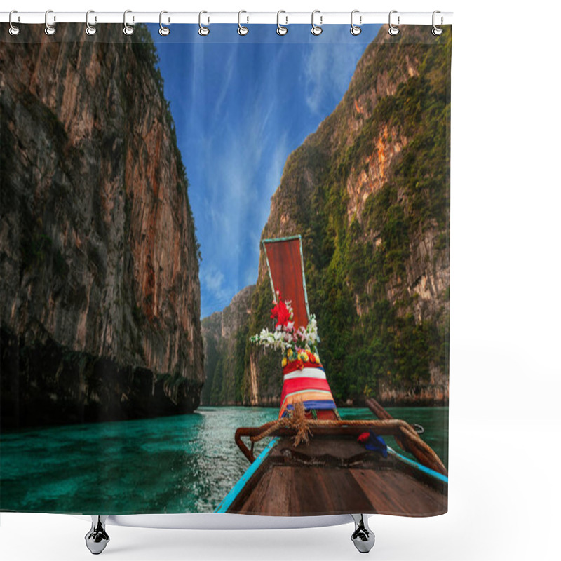 Personality  Wooden Boat At The Thai Islands. Old Wooden Boat On Asian Islands. Thai Phi Phi Islands. Boat In The Bay. Travelling To Asia. Travel To Thailand. Lagoon On The Island. Boating Around The Island Shower Curtains