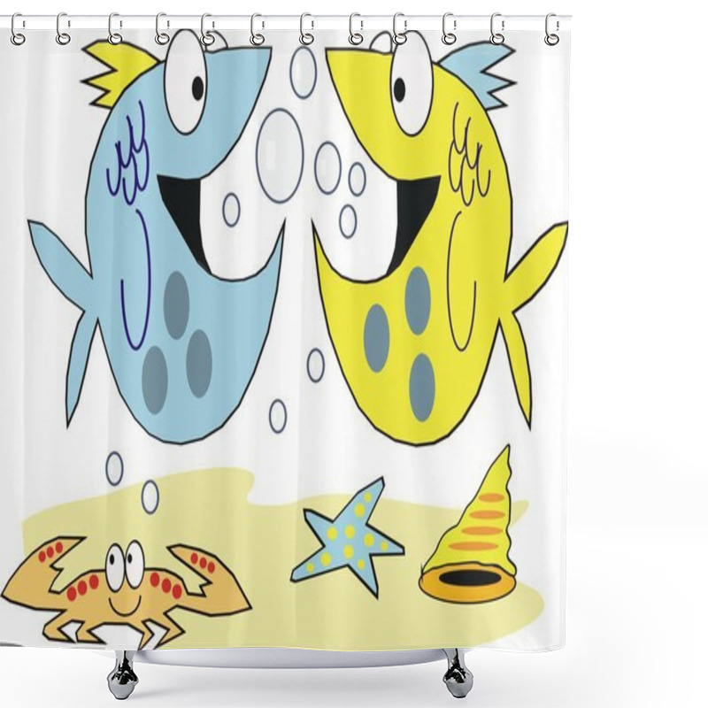 Personality  Funny Underwater Cartoon With Fish, Crab And Shell Shower Curtains