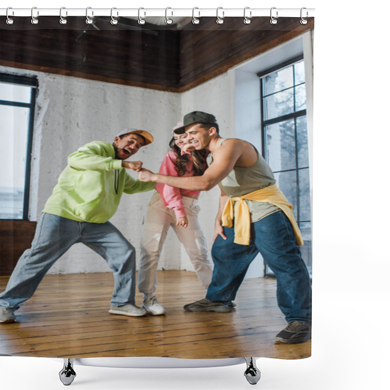 Personality  Young Woman Looking At Stylish Multicultural Men Bumping Fists Shower Curtains