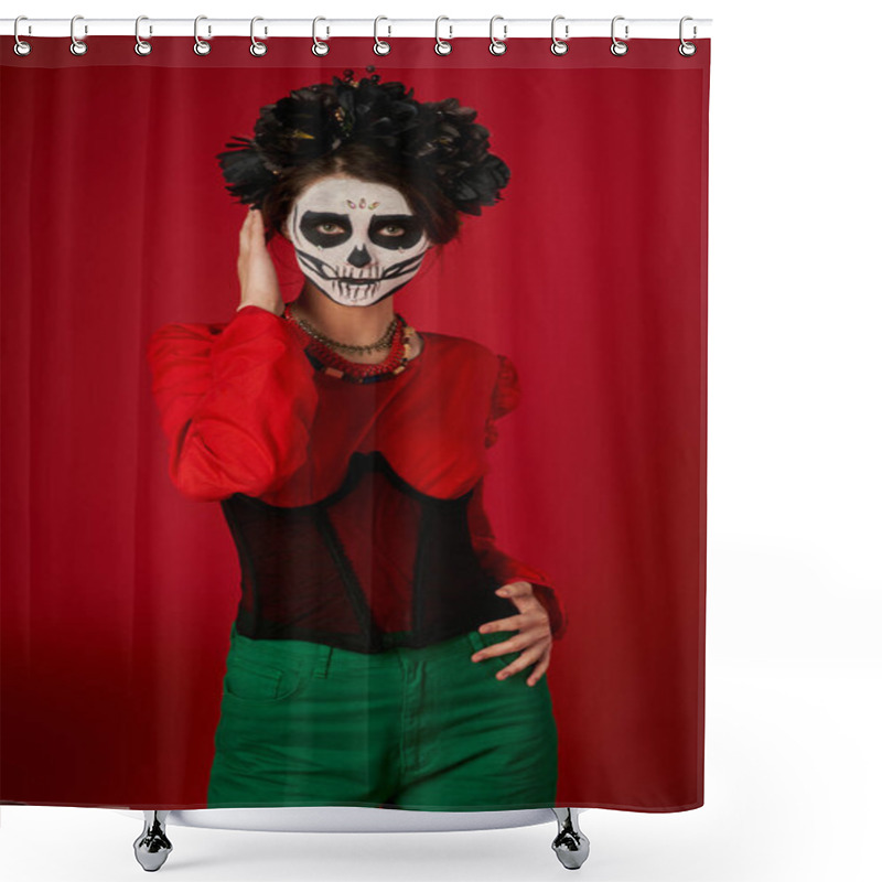 Personality  Woman In Traditional Dia De Los Muertos Skull Makeup And Festive Attire Looking At Camera On Red Shower Curtains