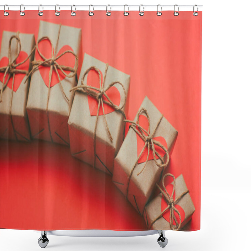 Personality  Set Of Brown Gift Boxes. Wrapped In Craft Paper And Tied By Hemp Cord. Bright Red Background And Carton Hearts Decorative Card.  Shower Curtains