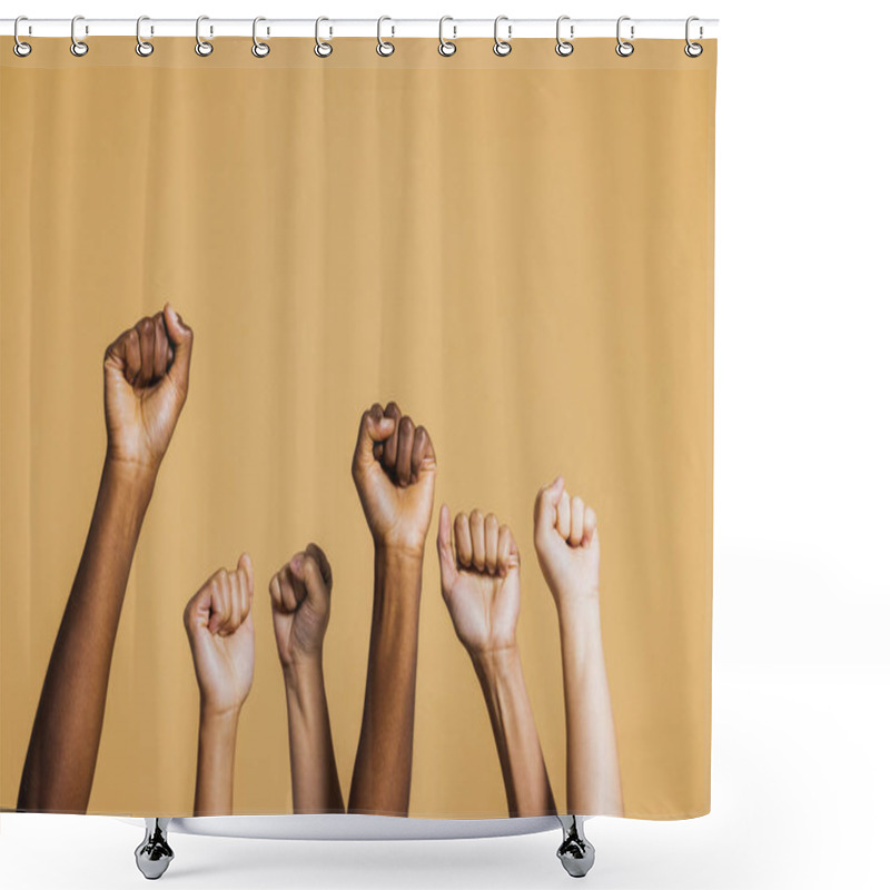 Personality  Hands Raised With Closed Fists. Diverse Coloured Hands Raised Up With Closed Fist Symbolizing Power, Determination. Shower Curtains