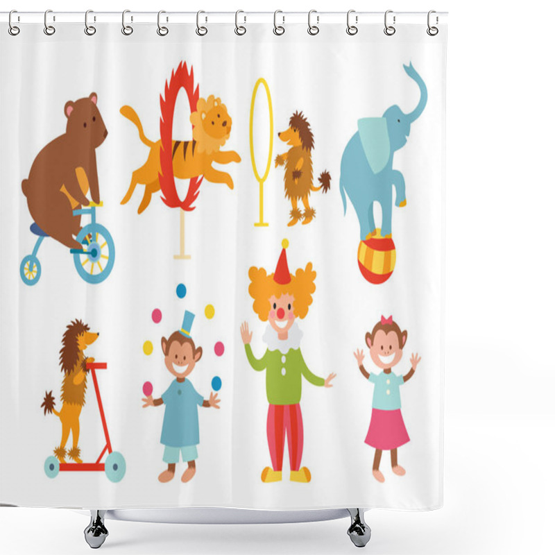 Personality  Circus Funny Animals Set Of Vector Icons Cheerful Zoo Entertainment Collection Juggler Pets Magician Performer Carnival Illustration. Shower Curtains