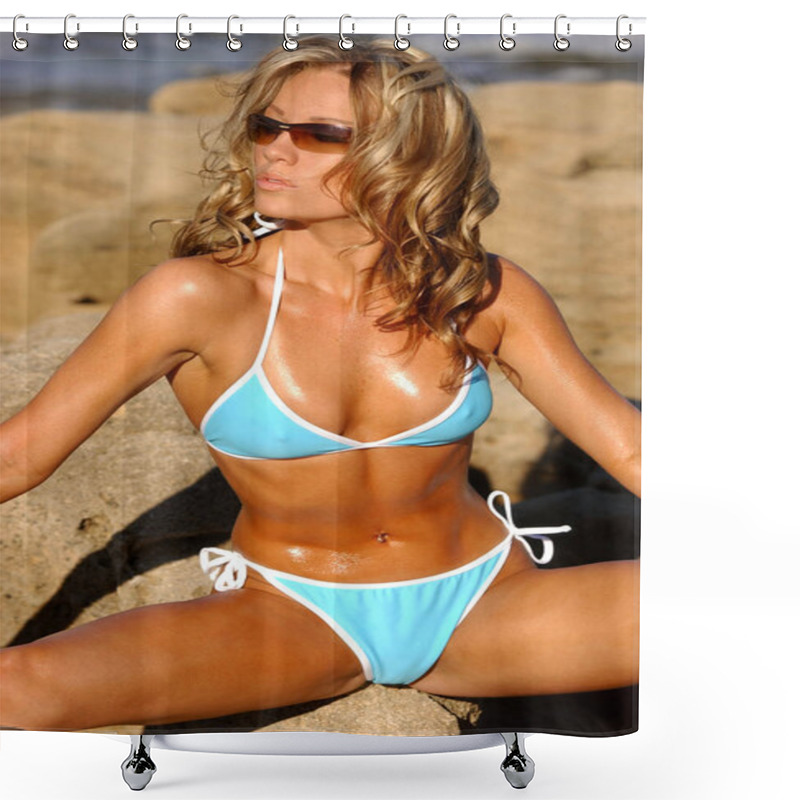 Personality  Blue Bikini Swimwear On The Ocean Beach Complete With Sand Rocks Water Waves Copy Space And Room For Text On Blue Sky And Sea Shower Curtains