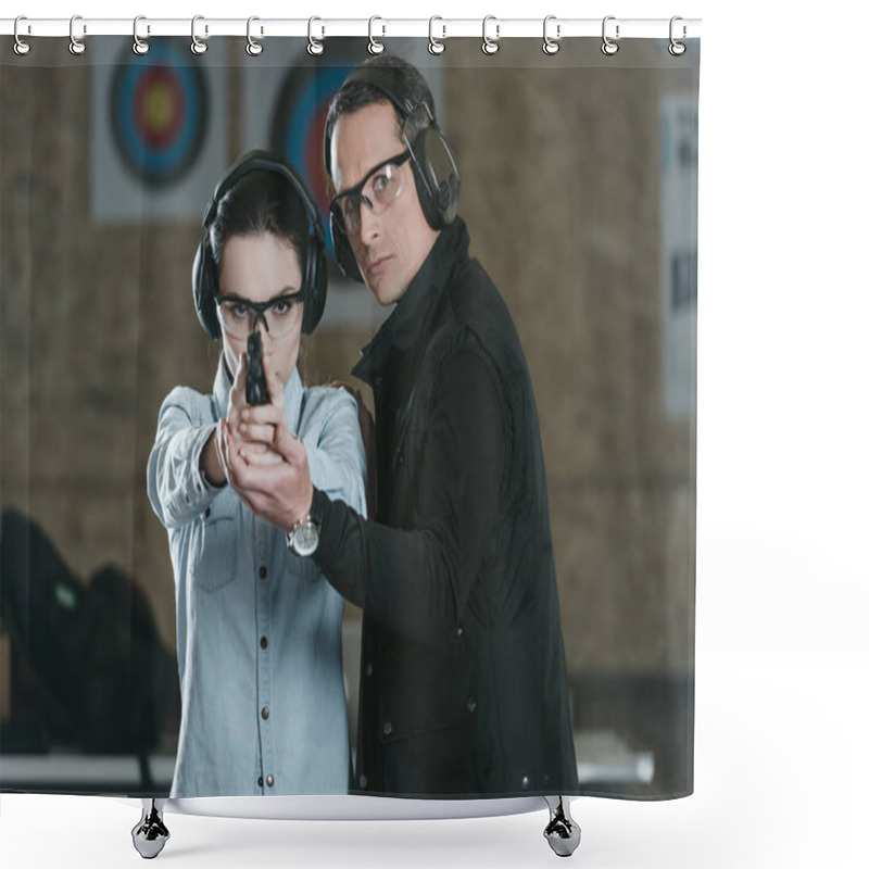 Personality  Female Customer Aiming Gun At Camera In Shooting Gallery Shower Curtains