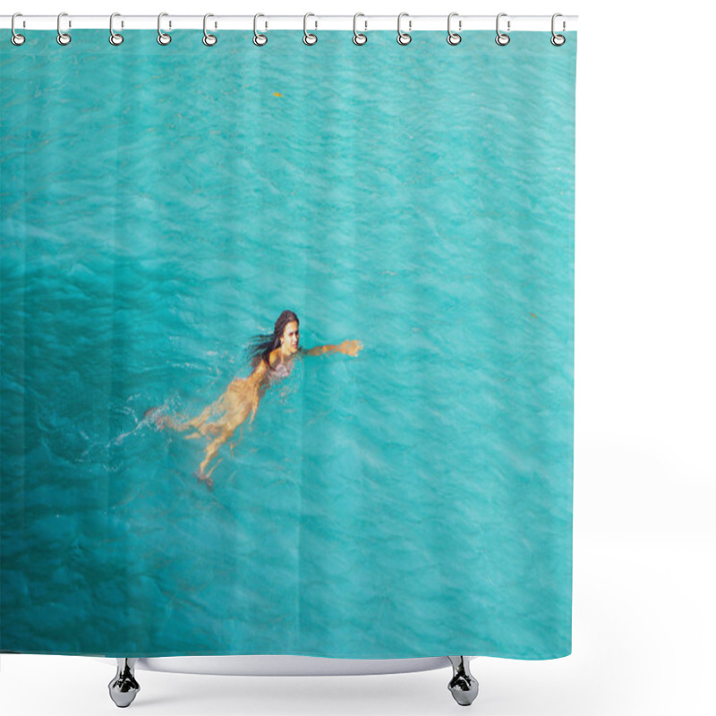 Personality  Woman Swimming Freely At Turquoise Water Of Cambugahay Waterfalls In Siquijor Island In Philippines Shower Curtains