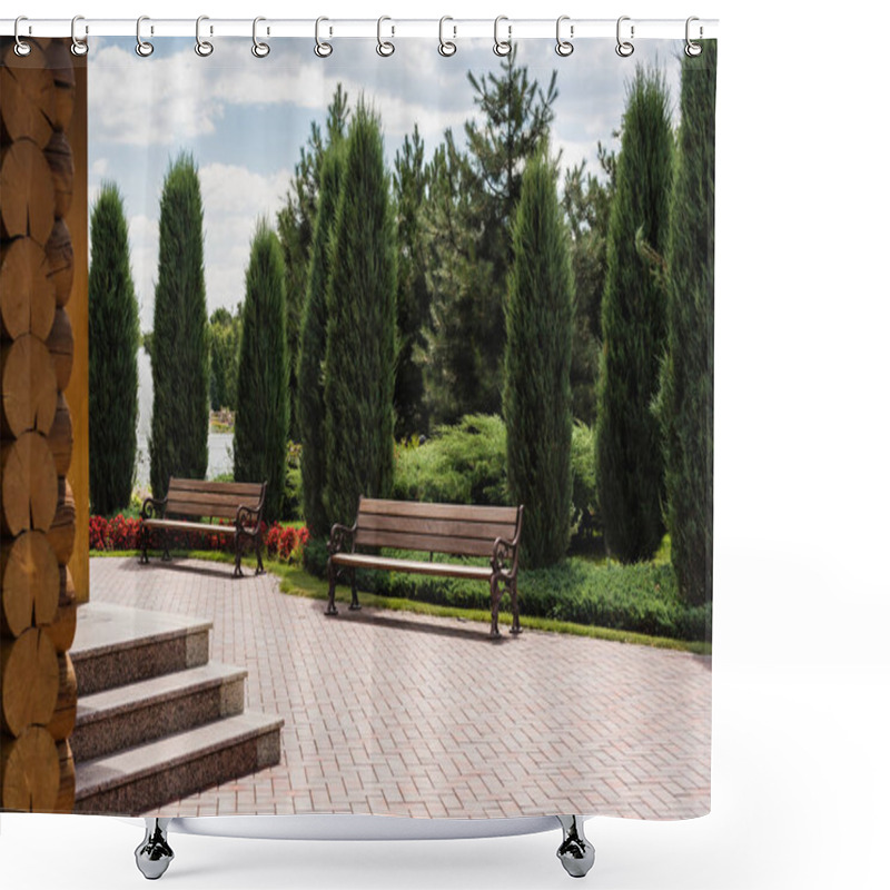 Personality  Green Fir Trees Near Wooden Benches In Summer Park   Shower Curtains