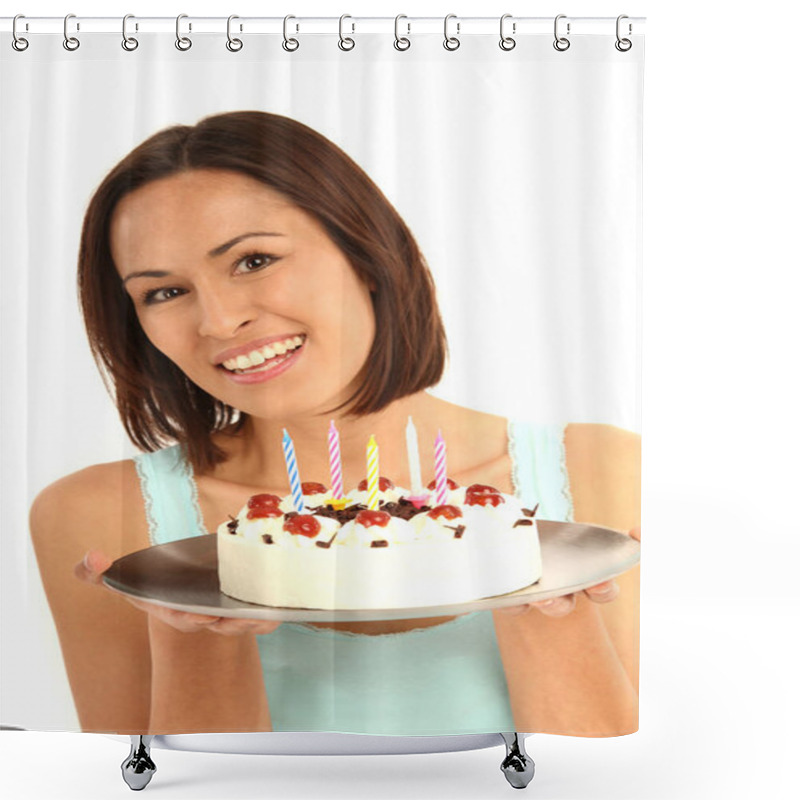 Personality  Portrait Of Woman With Cake Shower Curtains