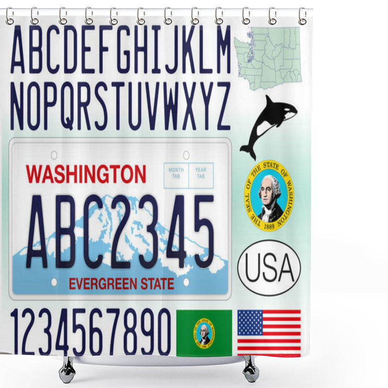 Personality  Washington US State Car License Plate, Letters, Numbers And Symbols, United States, Vector Illustration Shower Curtains