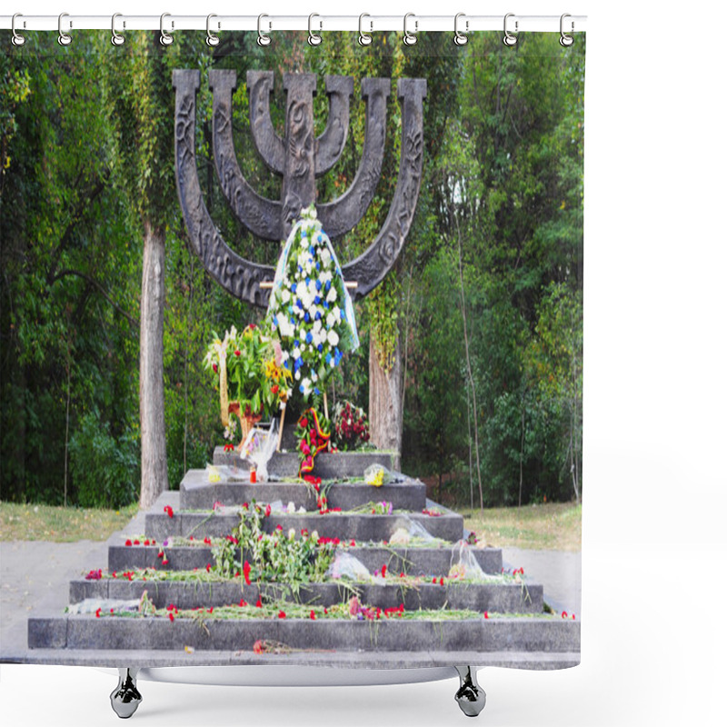 Personality  KIEV - UKRAINE, SEPTEMBER - 23, 2015: A Menorah Memorial With Flowers Dedicated To Jewish People Executed In 1941 In Babi Yar In Kiev Shower Curtains