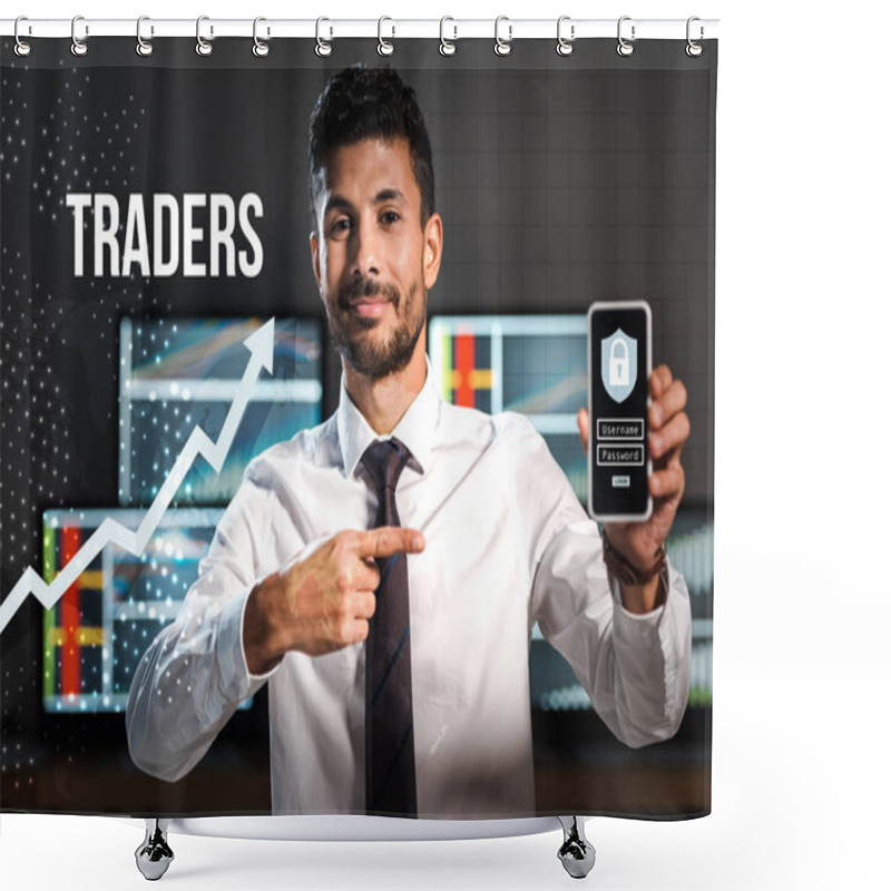 Personality  Happy Bi-racial Trader Pointing With Finger At Smartphone With Padlock  Shower Curtains