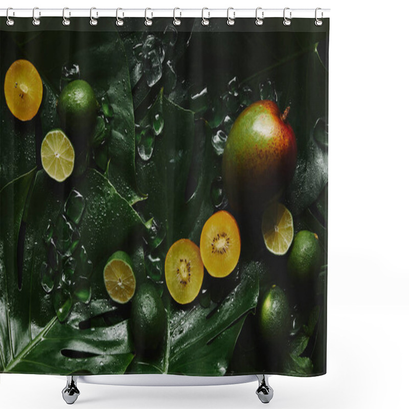 Personality  Top View Of Fresh Ripe Fruits, Ice Cubes And Green Tropical Leaves On Black  Shower Curtains