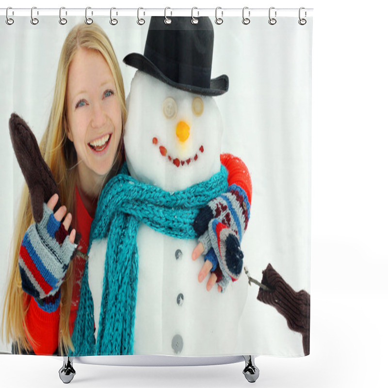 Personality  Happy Woman Hugging Snowman Outside In Winter Shower Curtains