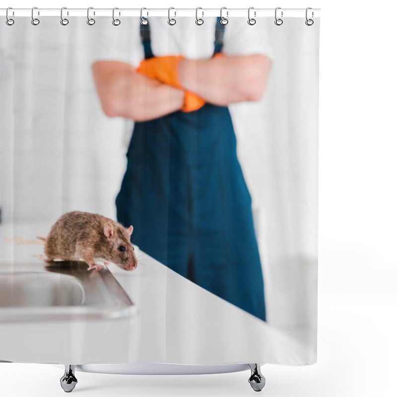 Personality  Selective Focus Of Small Rat Near Man With Crossed Arms  Shower Curtains