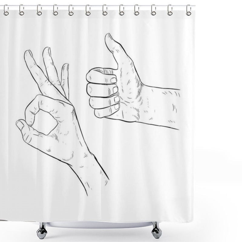 Personality  Drawn Hand OK Gesture. Thumbs Up. Assent. Vector Illustration Shower Curtains