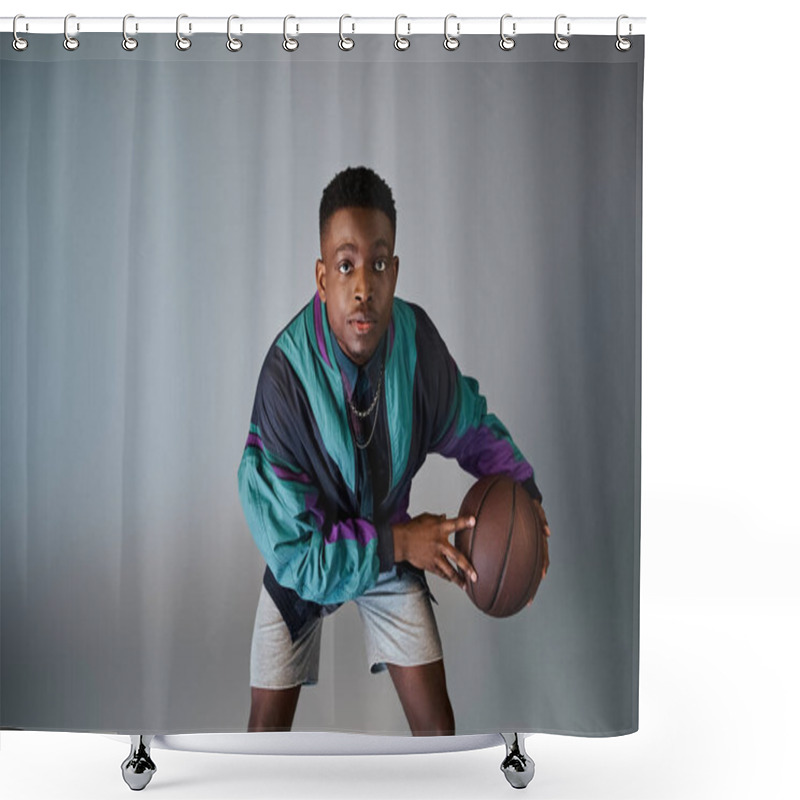 Personality  Handsome African American Man In Stylish Attire Holding A Basketball Ball. Shower Curtains