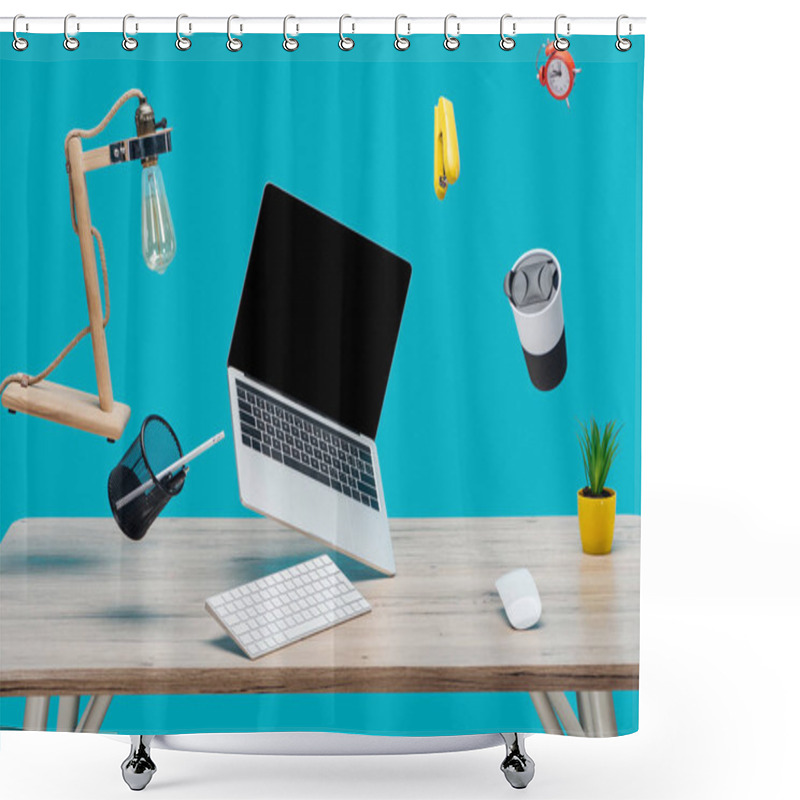 Personality  Laptop With Blank Screen And Stationery Levitating In Air At Workplace Isolated On Turquoise Shower Curtains