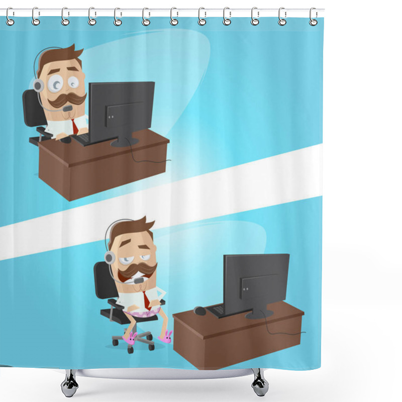 Personality  Funny Cartoon Illustration Of A Businessman Working At His Homeoffice With Underpants And Slippers Shower Curtains