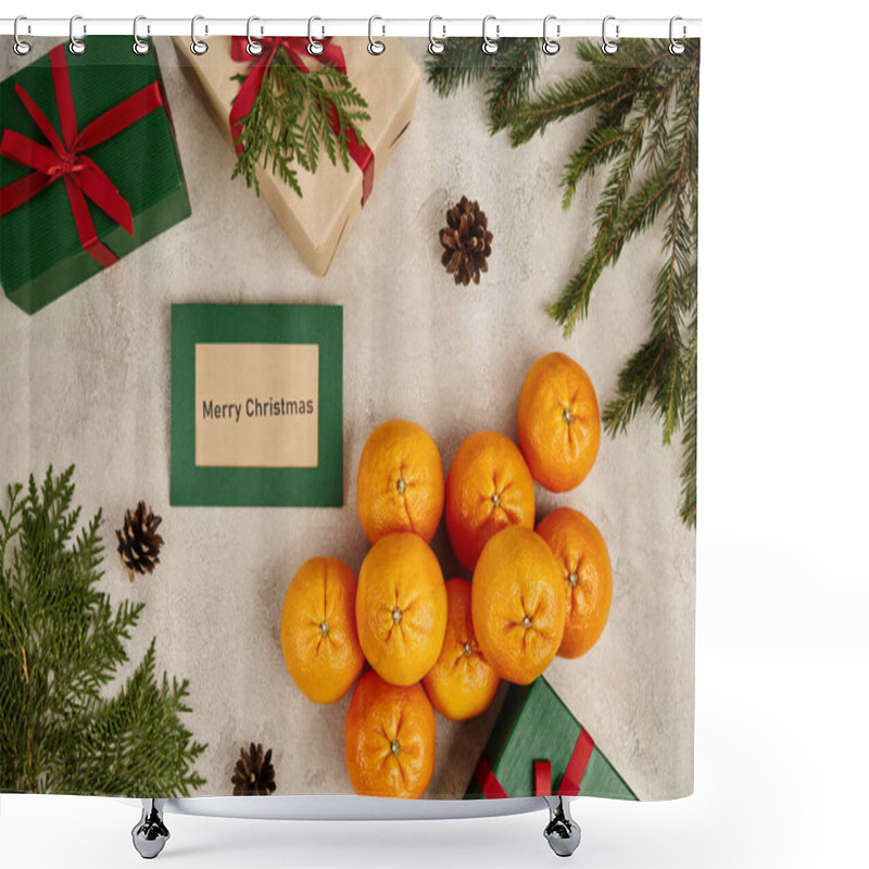 Personality  Tangerines And Merry Christmas Greeting Card Near Gift Boxes And Festive Decor With Pine Branches Shower Curtains