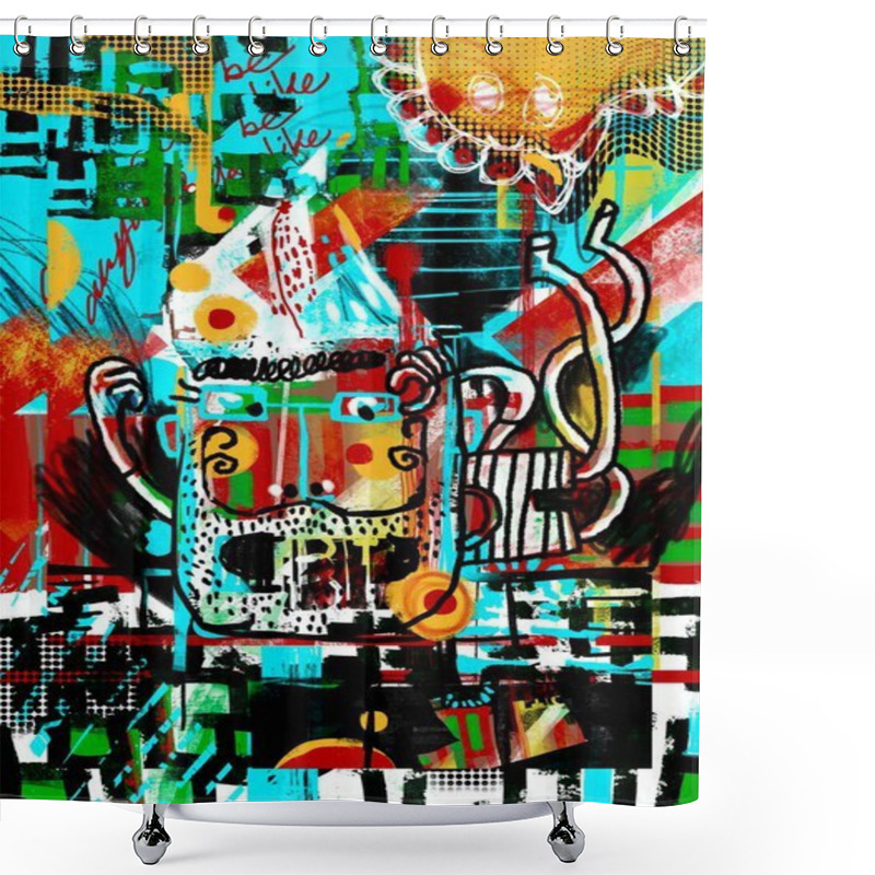 Personality  Grungy Poster Of A Cool Bearded Guy. Painting With Abstract Graffiti Background. Shower Curtains