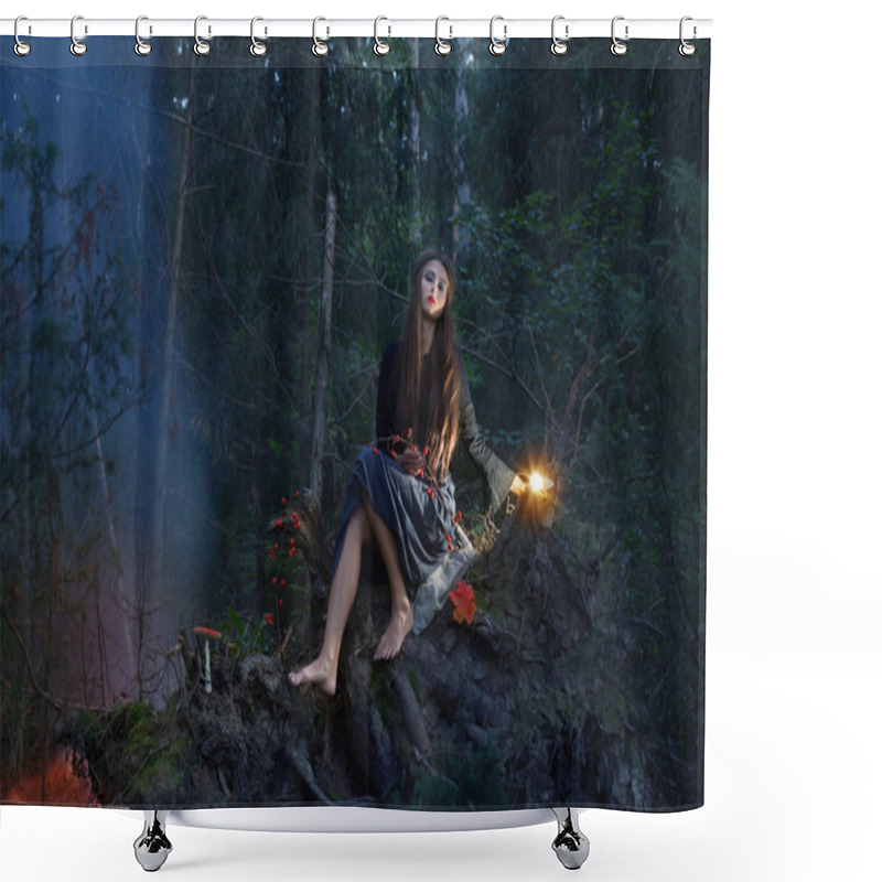 Personality  Beautiful Witch Sitting On A Tree Trunk In The Forest Shower Curtains