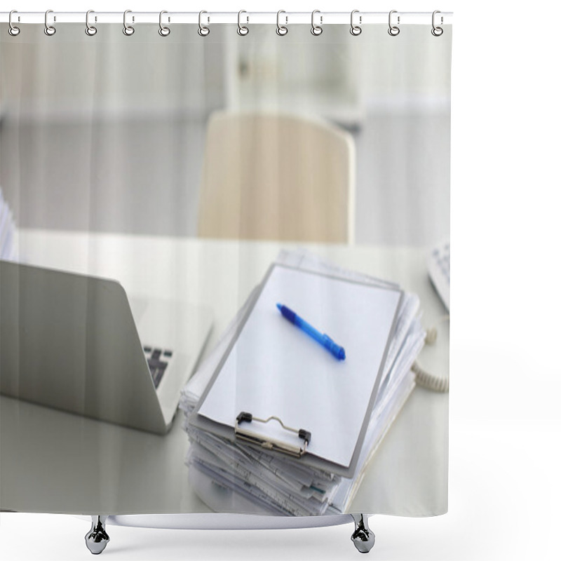 Personality  Laptop With Stack Of Folders On Table On White Background Shower Curtains