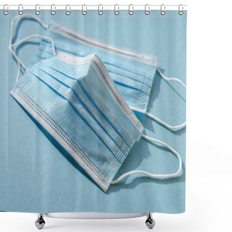 Personality  Blue Protective Medical Masks Lie On A Blue Background. Close-up Shower Curtains