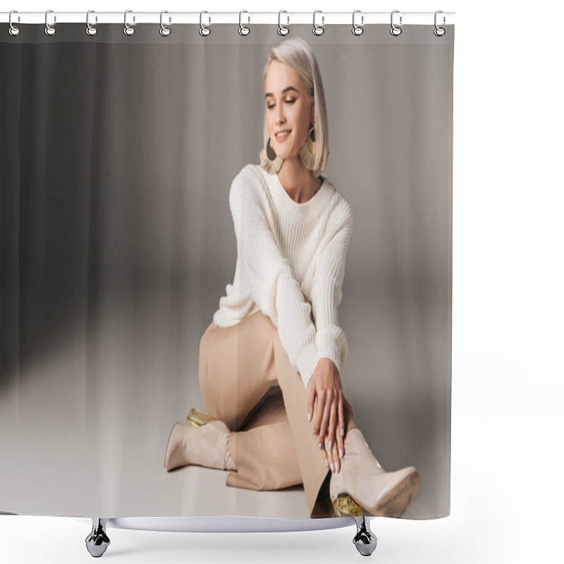 Personality  Smiling Elegant Model Posing In White Sweater, Beige Pants And Autumn Heels, On Grey  Shower Curtains