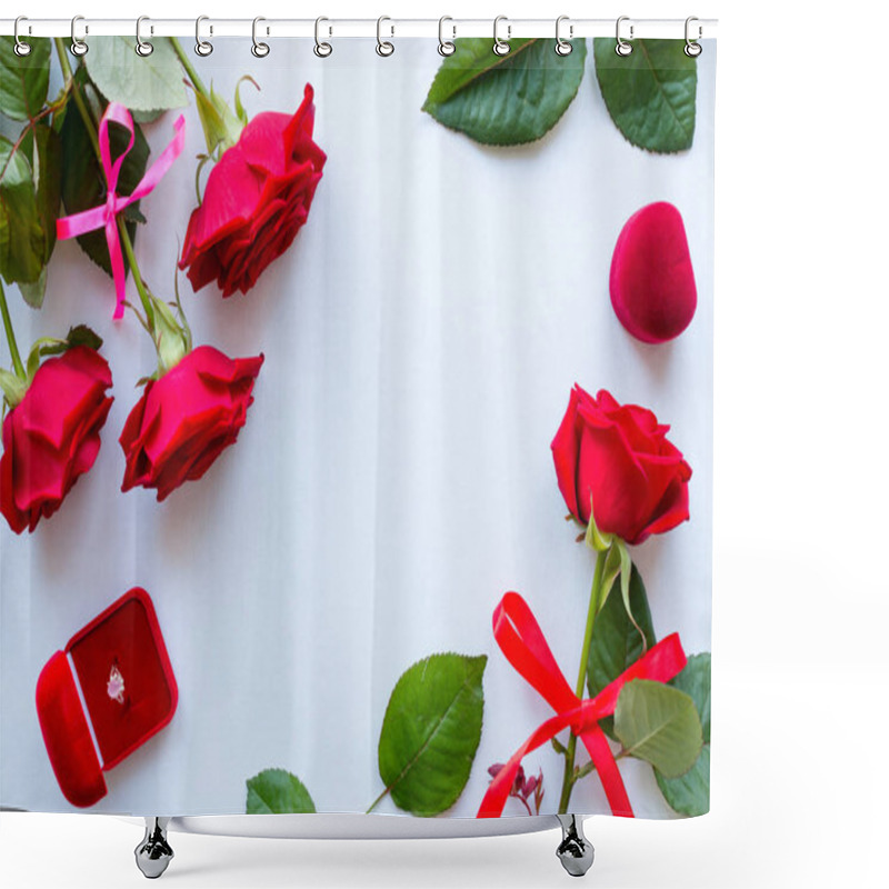 Personality  Frame Of Red Roses, Leaves And Wedding Rings Mockup Shower Curtains