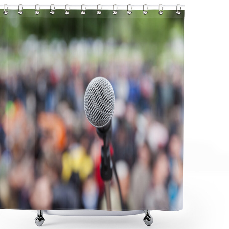 Personality  Microphone In Focus Against Blurred Audience. Protest. Shower Curtains