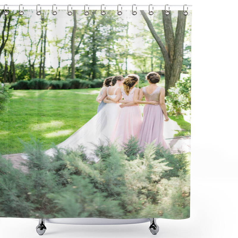 Personality  Celebration, Engagement, Woman Frienship Concept. Backs Of Four Young Slim Women, Happy Bride In Traditionaly White Dress And Her Bridemaids, They Are Walking On The Park Full Of Trees And Bushes Shower Curtains