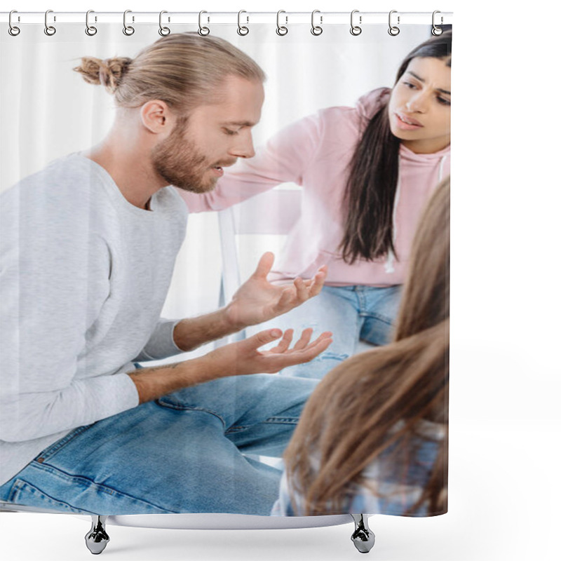 Personality  Support Group Helping Sad Man On Chair Isolated On White Shower Curtains