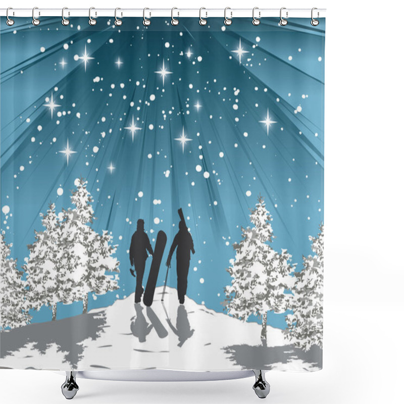 Personality  Skier And Snowboarder Silhouette On Top Of The Mountain With Sky Full Of Shiney Stars Shower Curtains