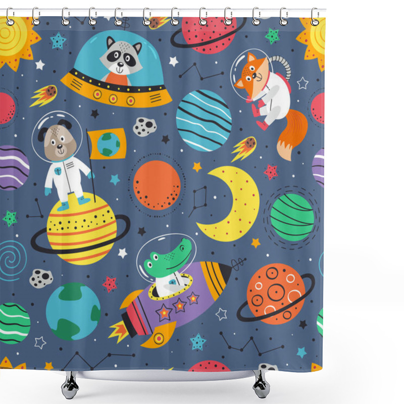 Personality  Seamless Pattern With Space Animals. Crocodile,dog,fox And Raccoon In Space - Vector Illustration, Eps     Shower Curtains