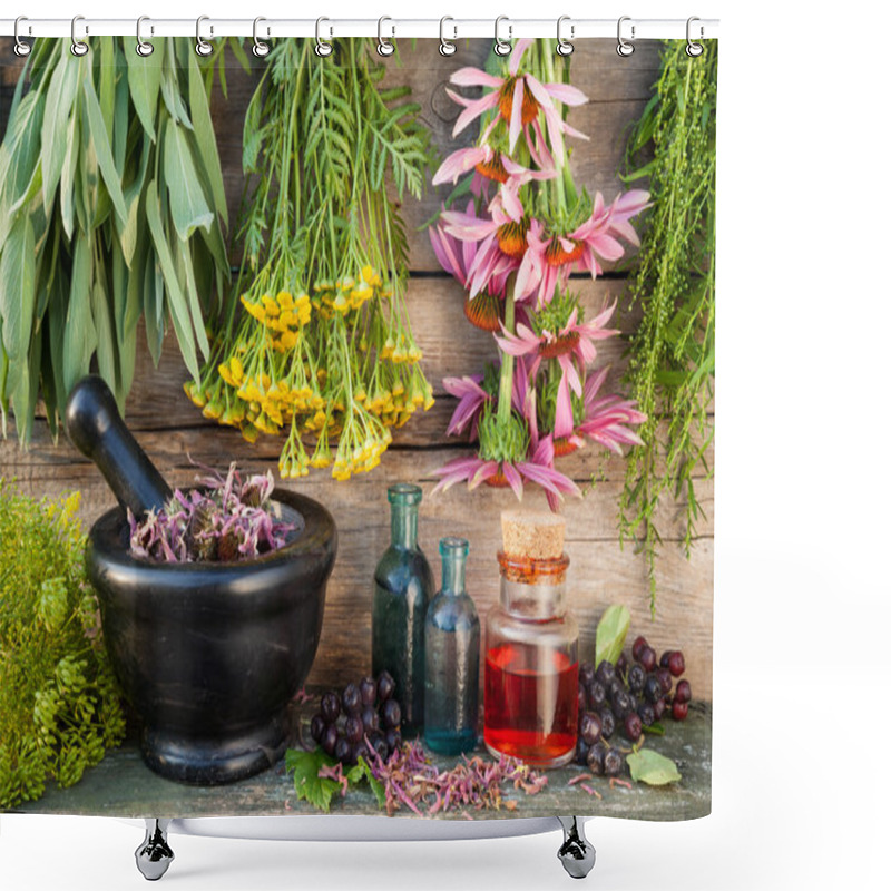 Personality  Bunches Of Healing Herbs On Wooden Wall, Mortar, Bottles And Ber Shower Curtains