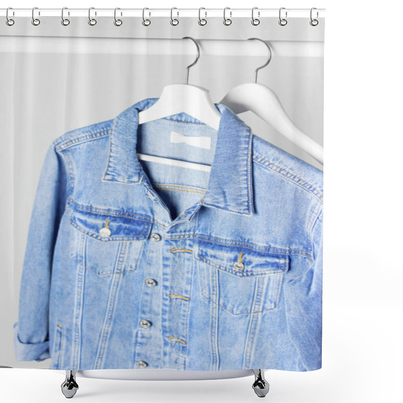 Personality  Blue Denim Jacket On White Wooden Coat Hanger On A Rod Against Light Gray Wall Flat Lay Copy Space. Denim, Fashionable Jacket, Women's Or Men's Trend Clothing, Fashion Background. Store Concept, Sale Shower Curtains