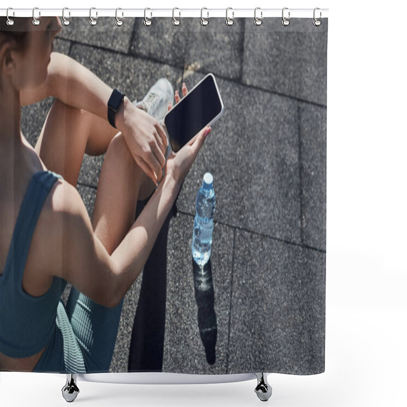 Personality  Top View Of Fit Woman In Activewear With Fitness Tracker On Wrist Using Smartphone Near Water Bottle Shower Curtains