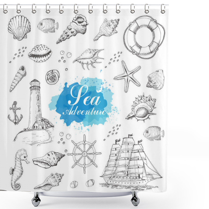 Personality  Isolated Sea Objects On A White Background. Shells, Starfish, Anchor, Lighthouse, Fish, Ship. Vector Illustration For Your Design Shower Curtains