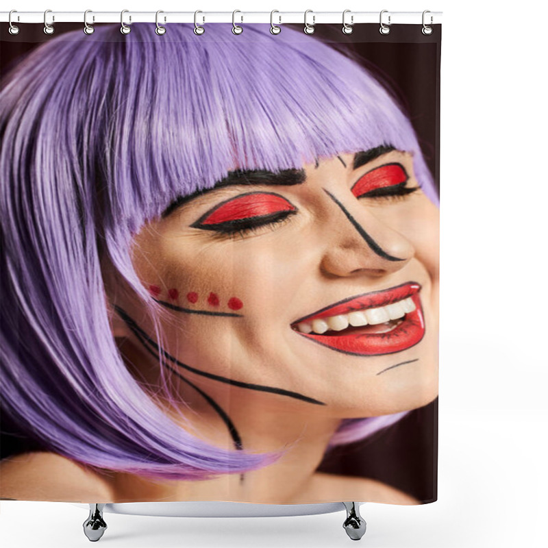 Personality  A Striking Woman With Purple Hair And Bold Pop Art Makeup Reminiscent Of A Comic Book Character. Shower Curtains