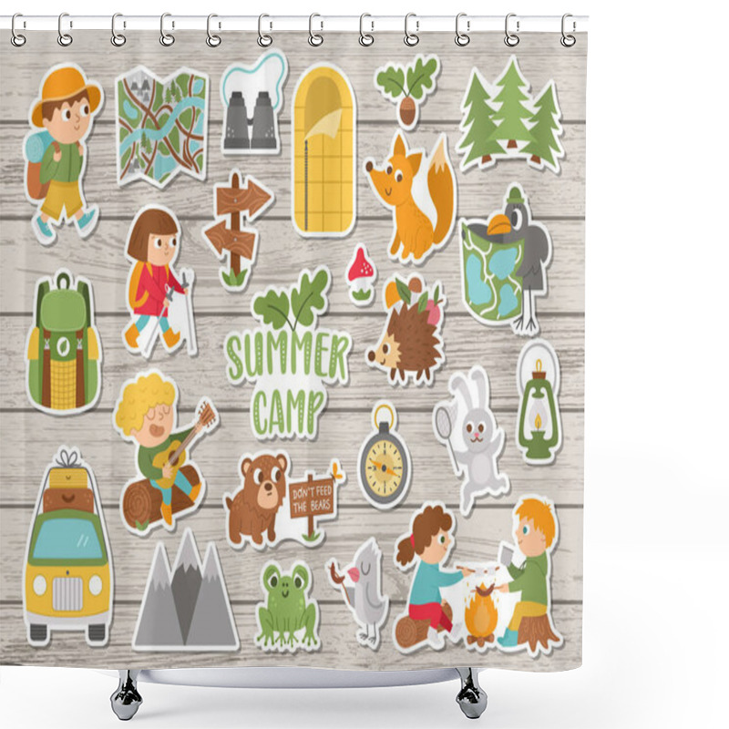 Personality  Vector Summer Camp Stickers Set. Camping, Hiking, Fishing Equipment Patches Collection With Cute Kids And Forest Animals On Wooden Background. Outdoor Nature Tourism Patches Pack Shower Curtains