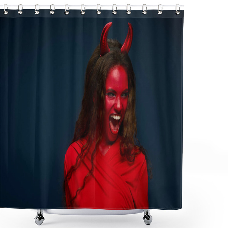 Personality  A Stunning Woman Showcases Her Halloween Spirit With A Bold Devil Costume, Exuding Energy And Joy. Shower Curtains