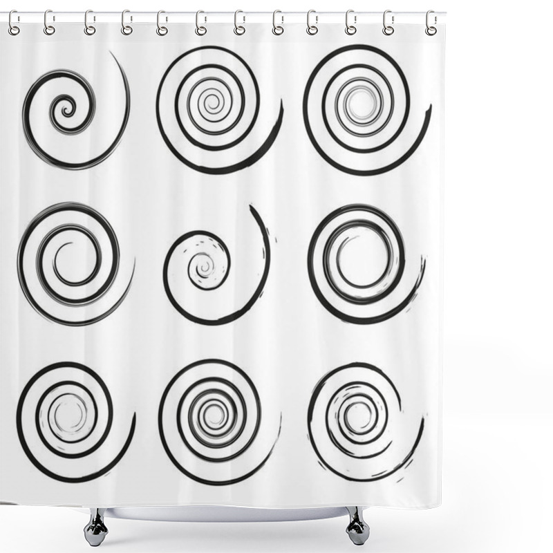 Personality  Set Of Spiral And Swirl Motion Elements, Black Isolated Objects. Different Brush Textures, Vector Illustrations Shower Curtains