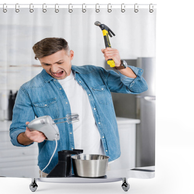 Personality  Aggressive Adult Man Screaming While Holding Mixer And Hammer  Shower Curtains