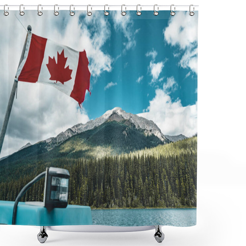 Personality  Canadian Flag, Maligne Lake In Jasper National Park Shower Curtains