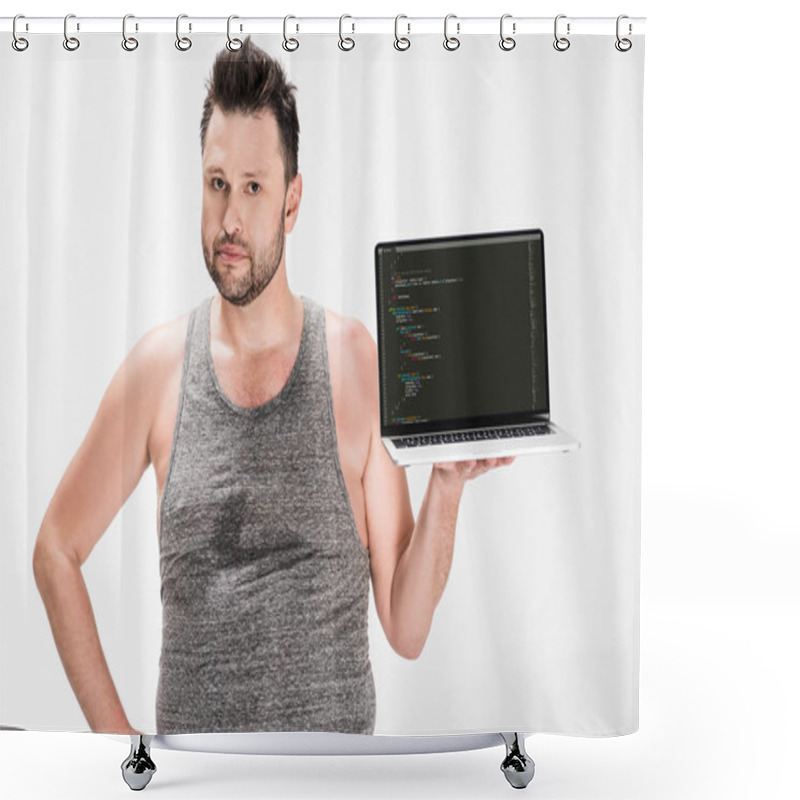 Personality  Overweight Man Looking At Camera And Holding Laptop With Microsoft Windows Software On Screen Isolated On White Shower Curtains