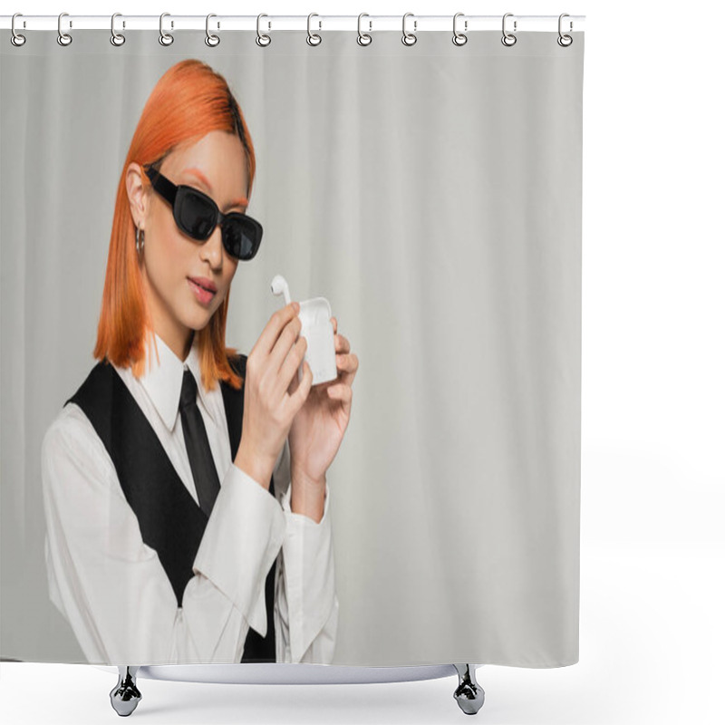 Personality  Modern Music Lover, Expressive Asian Woman With Dyed Red Hair, In Dark Sunglasses, White Shirt, Black Tie And Vest Showing Case With Wireless Earphones On Grey Background, Gen Z Lifestyle Shower Curtains