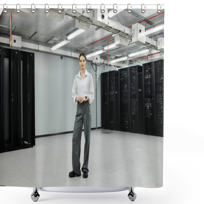 Personality  A Woman In A White Shirt Stands In A Sleek, Modern Server Room, Focused On Her Tasks. Shower Curtains